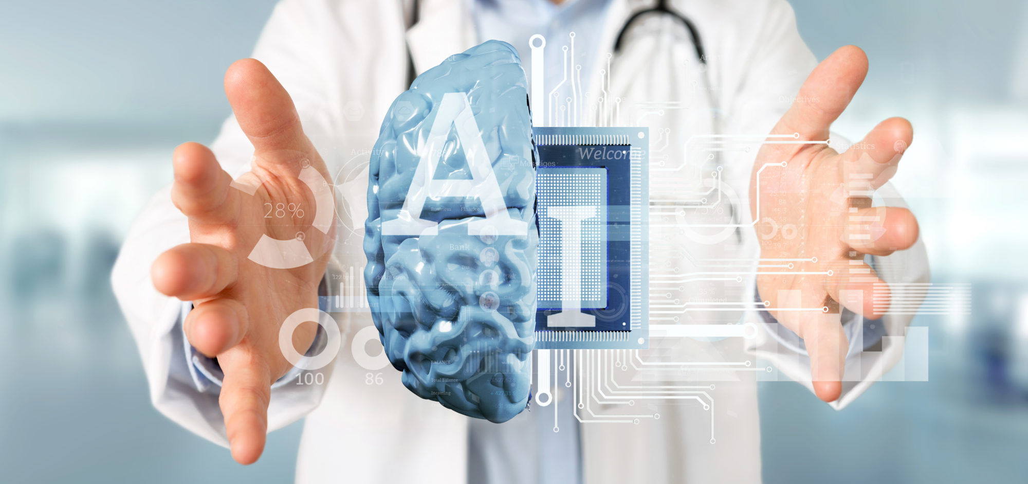 View of Doctor holding Artificial intelligence icon with half brain and half circuit 3d rendering